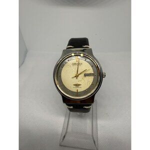 Vintage Citizen Automatic Mens Watch With Black Leather Band & Day-Date Dial